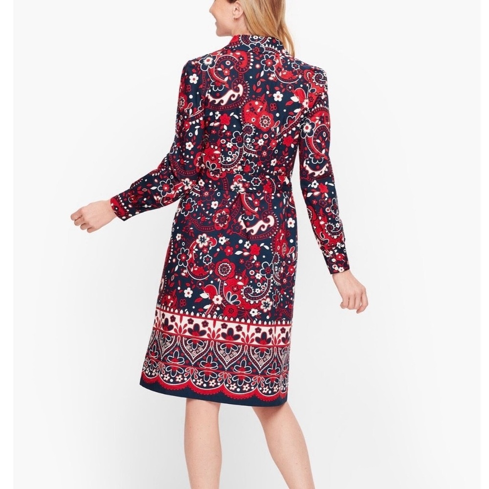 Talbots Red Blue Paisley Cotton Poplin Long Sleeve Button Up Shirt Dress Size 8